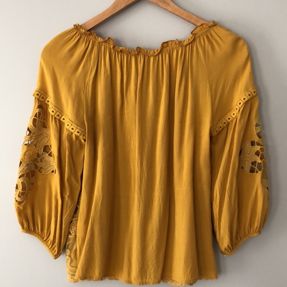 Boho Crochet Lace Embroidery Golden Yellow 3/4 Sleeve top Small - Picture 8 of 13